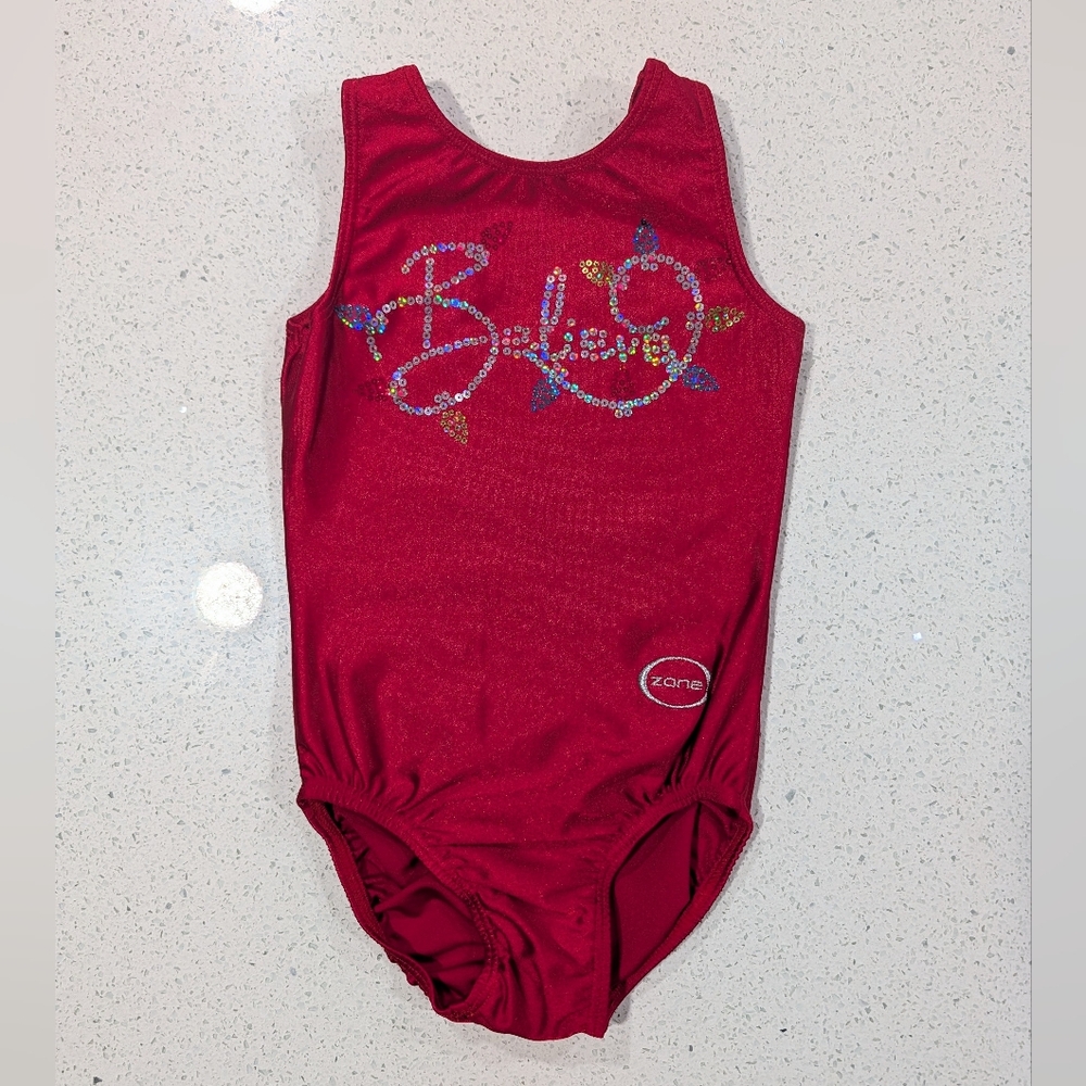 Ozone Gymnastics Leotard Christmas Red Medium warrior style BELIEVE Xmas Lights